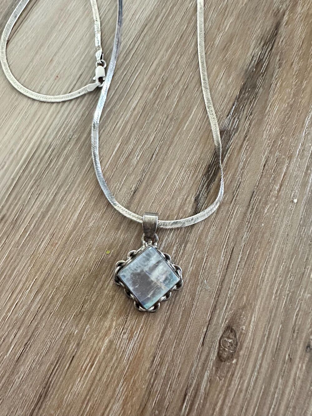 Vintage Moonstone/Silver Pendant on Herringbone Silver Chain